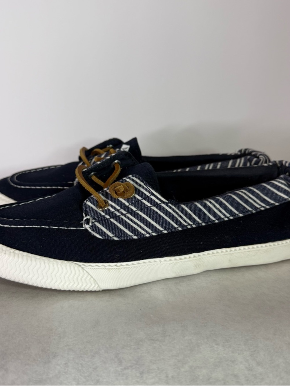 Sperry Navy Blue Striped Canvas Boat Shoes with Tan Laces - Picture 3 of 7